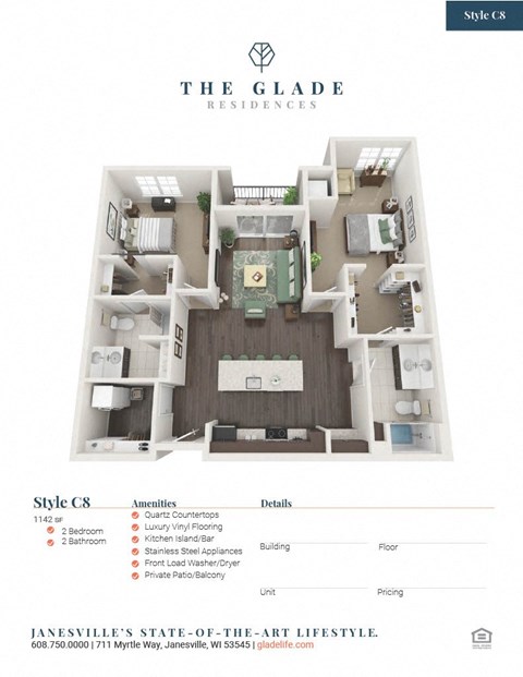 Floor plan for 2 beds, 2 baths, 1142 sqft